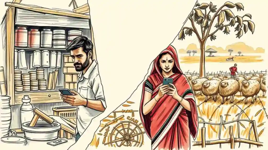 गांव में घर बैठे पैसे कैसे कमाए? 23 आसान तरीका (2025 में) 2 Distinct split dramatic cinematic style hand-drawn sketch of two men and one woman earning money in an Indian village, working in a shop, on mobile devices, and a farm. Color sketchnote style, film-like composition gaon me